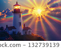 Fairy-tale lighthouse beams colorful rays at sunset by the sea with a magical atmosphere 132739139