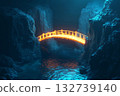 Glowing bridge illuminates dark chasm beneath starry sky at twilight near lush cliffs 132739140