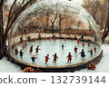 Magical snow globe featuring a tiny ice-skating rink with sparkling snow 132739144