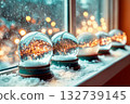 Shimmering snowflakes fall inside a glass dome on a winter evening 132739145
