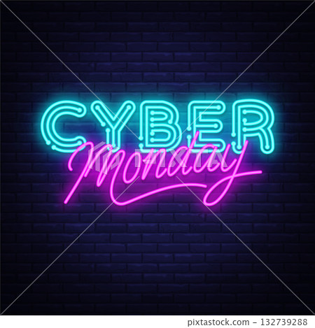 Cyber Monday neon sign in blue and pink glowing letters on dark brick wall. Bold and minimal design for online sale. Vector illustration 132739288