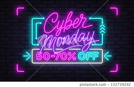 Stylish neon Cyber Monday lettering in script and block fonts with glowing sale offer. Vector illustration 132739292
