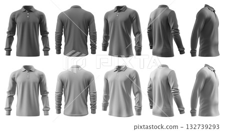 2 Set of dark light grey gray, front back and side view collar polo tee shirt on transparent background cutout, PNG file. Mockup 2 Set of dark light grey gray, front back and side view collar polo tee shirt on transparent background cutout, PNG file. Mockup 132739293