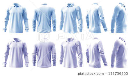 2 Set of pastel blue purple, front back and side view collar polo tee shirt on transparent background cutout, PNG file. Mockup 132739300