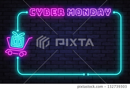 Glowing Neon Cyber Monday frame with shopping cart and gift icon on a dark brick wall, ideal for ads or website banners. Vector illustration Glowing Neon Cyber Monday frame with shopping cart and gift icon on a dark brick wall, ideal for ads or website banners. Vector illustration 132739303