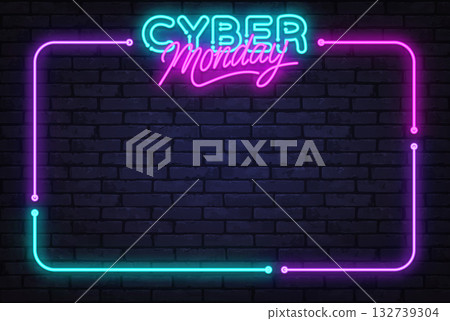 Bright neon title Cyber Monday with colorful glowing border, leaving space for promo text or discount offer. Vector illustration Bright neon title Cyber Monday with colorful glowing border, leaving space for promo text or discount offer. Vector illustration 132739304