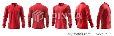 Set of red, front back and side view collar polo tee shirt on transparent background cutout, PNG file. Mockup 132739308