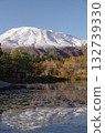 Snow-capped Mount Kurohime seen from Imori Pond, which is covered in autumn leaves Snow-capped Mount Kurohime seen from Imori Pond, which is covered in autumn leaves 132739330
