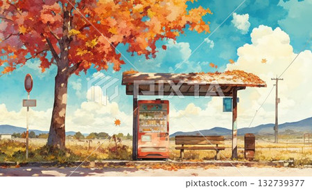 秋葉掩映下的鄉村公車站和自動販賣機(插圖風景) 秋葉掩映下的鄉村公車站和自動販賣機(插圖風景) 132739377