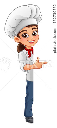 Cartoon Chef Woman Peeking and Pointing Sign 132739532