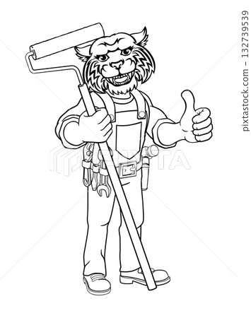 Wildcat Painter Decorator Paint Roller Mascot Man 132739539