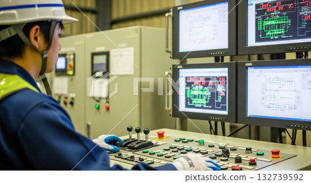 A maintenance worker operates a monitor at a waste incineration facility A maintenance worker operates a monitor at a waste incineration facility 132739592