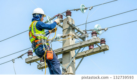 Electrician working at height on a utility pole 132739593