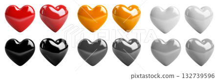 Collection set of 3D heart love, front and side view on transparent background cutout, PNG file. Many colours. Mockup template artwork graphic design. Red, gold, black, white, grey 132739596