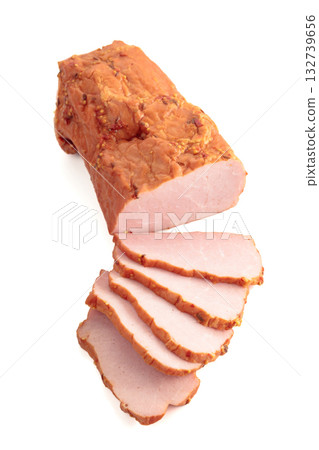 Smoked ham isolated on a white background. Smoked ham isolated on a white background. 132739656
