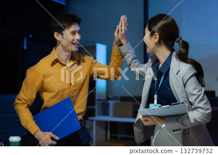 Happy creative business people are motivated, giving high five and celebration successful deal. Cooperation Meeting Partnership Career growth Team building Successful business. Happy creative business people are motivated, giving high five and celebration successful deal. Cooperation Meeting Partnership Career growth Team building Successful business. 132739732