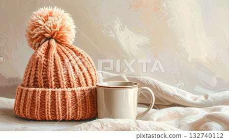 Light linen background, wool pom-pom hat and mug rim, airy white space 132740112
