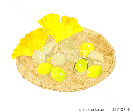 竹籃裡盛著銀杏果和銀杏葉。手繪水彩插畫，描繪了秋季植物。 132740206