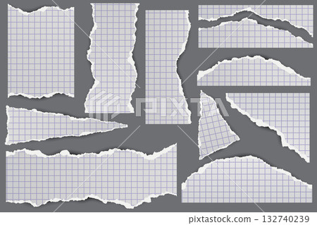 Torn sheets of paper with cells. Jagged strips with vintage texture on gray background for banners and text blocks. Pieces of notebook pages for collages with rough edges and realistic shadows. Vector Torn sheets of paper with cells. Jagged strips with vintage texture on gray background for banners and text blocks. Pieces of notebook pages for collages with rough edges and realistic shadows. Vector 132740239