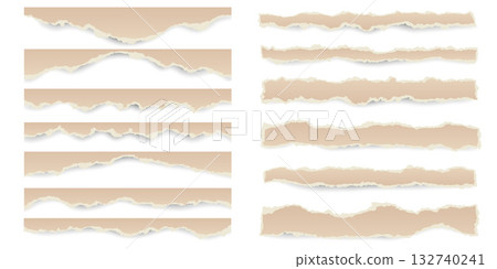 Torn paper sheet. Ripped stripes with retro texture on white background for banner and text message. Pieces of note page for collage with rough edge and realistic shadow. Vector illustration Torn paper sheet. Ripped stripes with retro texture on white background for banner and text message. Pieces of note page for collage with rough edge and realistic shadow. Vector illustration 132740241