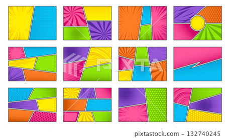Comic book frame. Colored manga template. Pop art cartoon page with grid and boxes. Anime horizontal cover with explosion speed lines and halftone effect for storyboard. Comic book frame. Colored manga template. Pop art cartoon page with grid and boxes. Anime horizontal cover with explosion speed lines and halftone effect for storyboard. 132740245