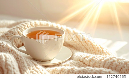 溫暖的象牙色背景，針織毯邊和茶杯，陽光般的邊緣 132740265