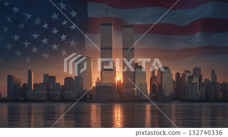 Skyscrapers and the American flag overlap in the evening skyline 132740336