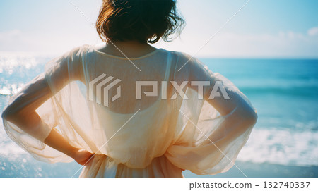 Japanese woman wearing a beach dress on the beach Japanese woman wearing a beach dress on the beach 132740337