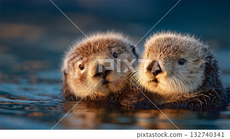 一隻小海獺依偎在水面上 132740341