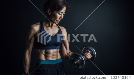 A woman calmly raises a dumbbell with one hand A woman calmly raises a dumbbell with one hand 132740364
