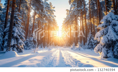 Radiating winter forest: Snow-covered pine forest spreading from the center. Cinematic feel of silence and light. 132740394