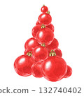 A composition of red Christmas balls in the shape of a Christmas tree. A pyramid of balls. Watercolor illustration. 132740402