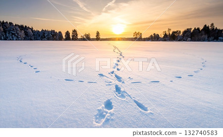 雪地上散落著清晰的腳印——靜謐的傍晚光線和自然的氛圍 132740583