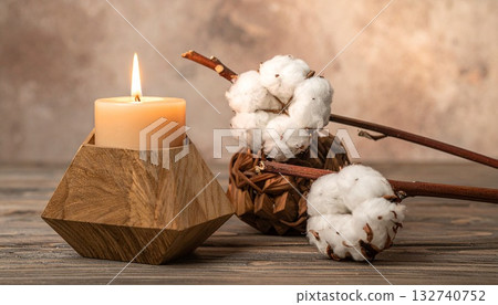 Nordic pine and geometric candle stand - The quiet warmth of cotton branches Nordic pine and geometric candle stand - The quiet warmth of cotton branches 132740752