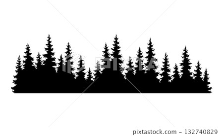 Fir trees silhouette. Coniferous spruce horizontal background pattern, black evergreen woods vector illustration. Beautiful hand drawn panorama of coniferous forest Fir trees silhouette. Coniferous spruce horizontal background pattern, black evergreen woods vector illustration. Beautiful hand drawn panorama of coniferous forest 132740829