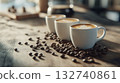 Coffee cups with latte art surrounded by roasted beans 132740861