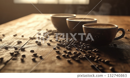 Coffee cups with latte art surrounded by roasted beans 132740863