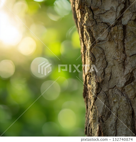 Tree bark texture with sun illuminating forest background 132740874