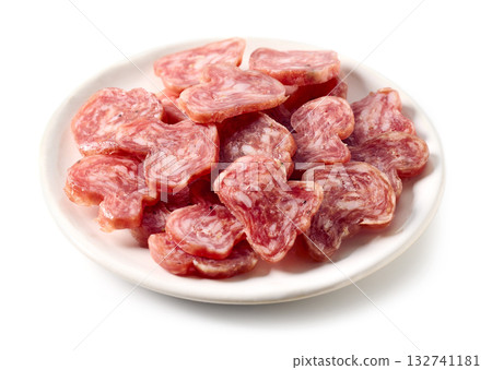 plate of sliced dry spanish sausage plate of sliced dry spanish sausage 132741181