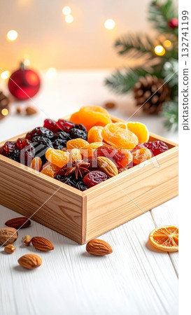 Dried Fruits in Wooden Christmas Box Dried Fruits in Wooden Christmas Box 132741199