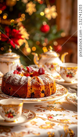 Fruit Cake on Elegant Plate with Tea Set Fruit Cake on Elegant Plate with Tea Set 132741203