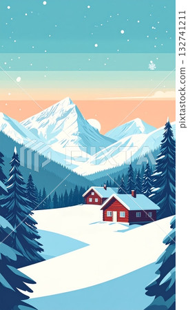 Snowy Mountains with Cabin vintage art 132741211