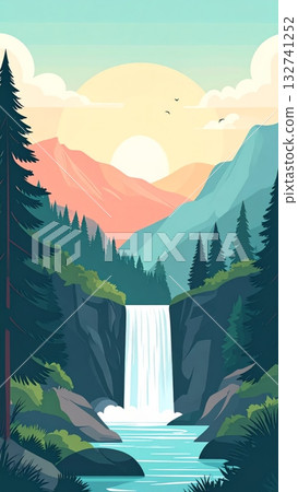 Waterfall in Pine Forest vintage art 132741252