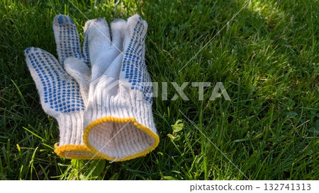 Wearing Gardening Gloves While Standing on Lush Green Grass for Various Outdoor Work Tasks 132741313