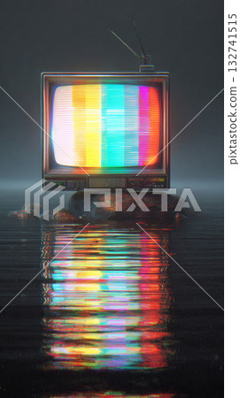 Old television static screen colorful stripes retro style water reflection surreal moody night vintage technology Old television static screen colorful stripes retro style water reflection surreal moody night vintage technology 132741515