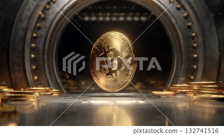 Golden bitcoin coin floating in front of open vault door, digital currency concept, futuristic financial security, glowing light Golden bitcoin coin floating in front of open vault door, digital currency concept, futuristic financial security, glowing light 132741516