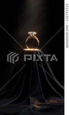 Elegant gold diamond ring displayed on black silk fabric, illuminated by dramatic lighting, luxury and romance concept Elegant gold diamond ring displayed on black silk fabric, illuminated by dramatic lighting, luxury and romance concept 132741519