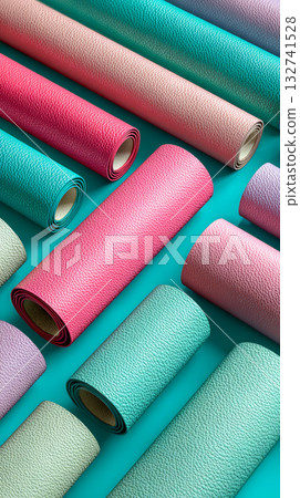 Colorful textured synthetic leather rolls arranged on blue background, vibrant and modern, suitable for crafts, upholstery, or fashion design Colorful textured synthetic leather rolls arranged on blue background, vibrant and modern, suitable for crafts, upholstery, or fashion design 132741528