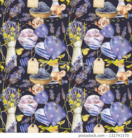 Lavender lavandula seeds flower stalks, aromatherapy essential oil, bath bomb infused with petals, sachet bags, gift tags hand drawn in watercolor. Seamless pattern isolated on dark. Spa gift wrap Lavender lavandula seeds flower stalks, aromatherapy essential oil, bath bomb infused with petals, sachet bags, gift tags hand drawn in watercolor. Seamless pattern isolated on dark. Spa gift wrap 132741570