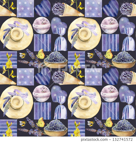 Lavender seeds petals, sachet bags, bath bombs, straw sunhats, rustic hearts and fabric cuts in stripes and dots, butterflies bumblebees. Provence patchwork seamless pattern hand drawn in watercolor. Lavender seeds petals, sachet bags, bath bombs, straw sunhats, rustic hearts and fabric cuts in stripes and dots, butterflies bumblebees. Provence patchwork seamless pattern hand drawn in watercolor. 132741572